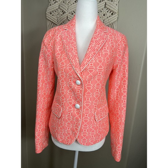 GAP Academy Blazer ~ Size 0 ~ Neon Coral Pink White Preppy Geometric Design - Picture 1 of 12